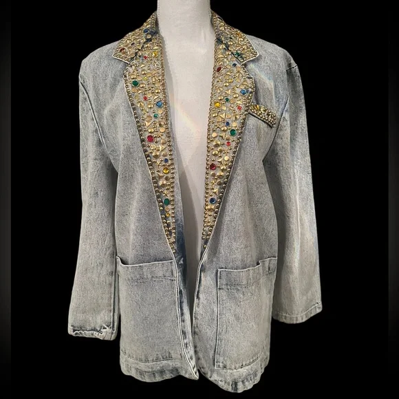 Vintage Bedazzled Acid Wash Jean Blazer - Size L - Picture 1 of 9